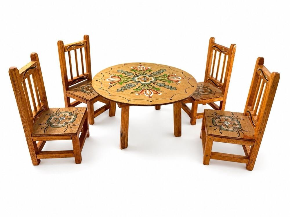 Vintage Handmade Hand Painted Folk Art Miniature Doll Table & 4 Chairs Wood Set